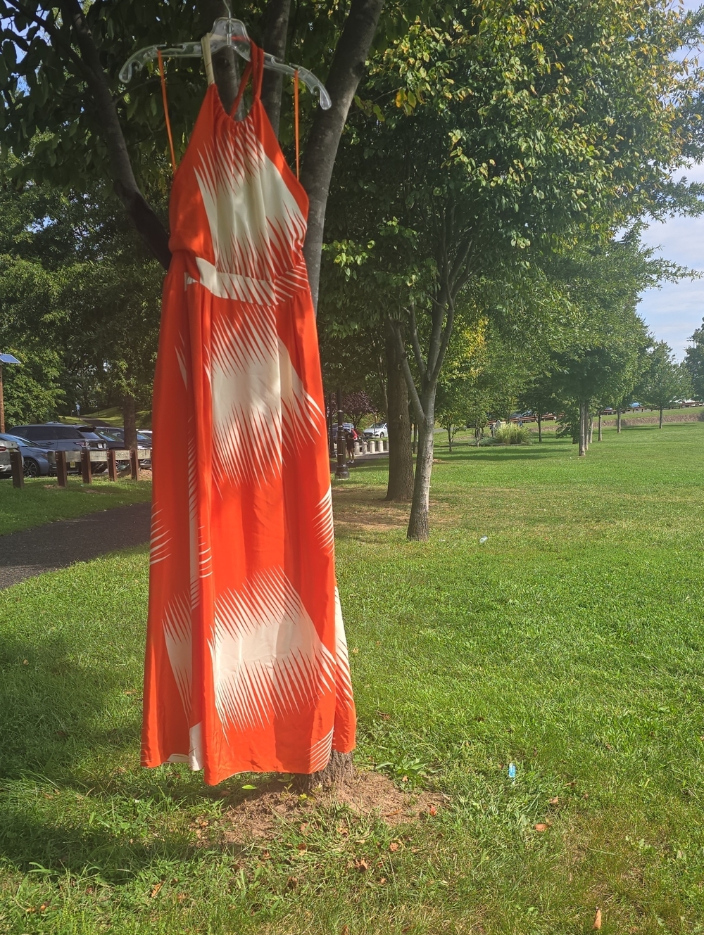 JAYGODFREY Orange and Cream Halter-Style Maxi Dress